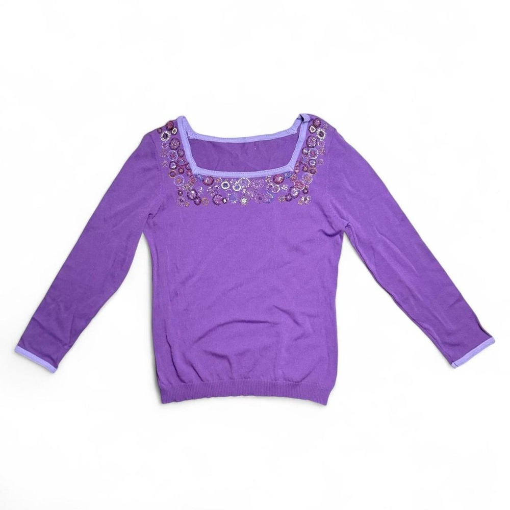 Purple knit beaded square neckline‎ long sleeve